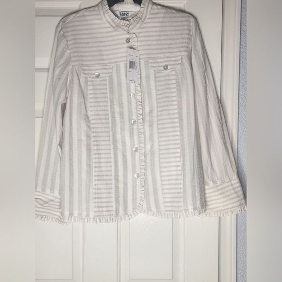 NWT Blast M Striped CreamSagePocketsRuffle LSlv ButtonUp LINEN Blend Women Shirt - Picture 1 of 8